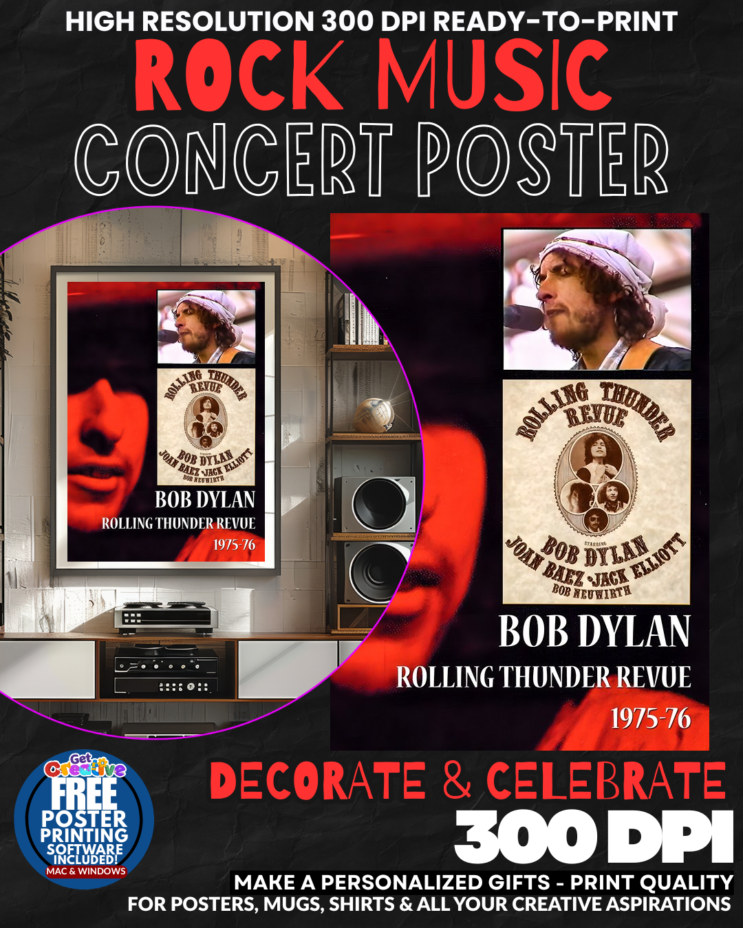 Bob Dylan 4 Music Rock Concert Poster Wall Art