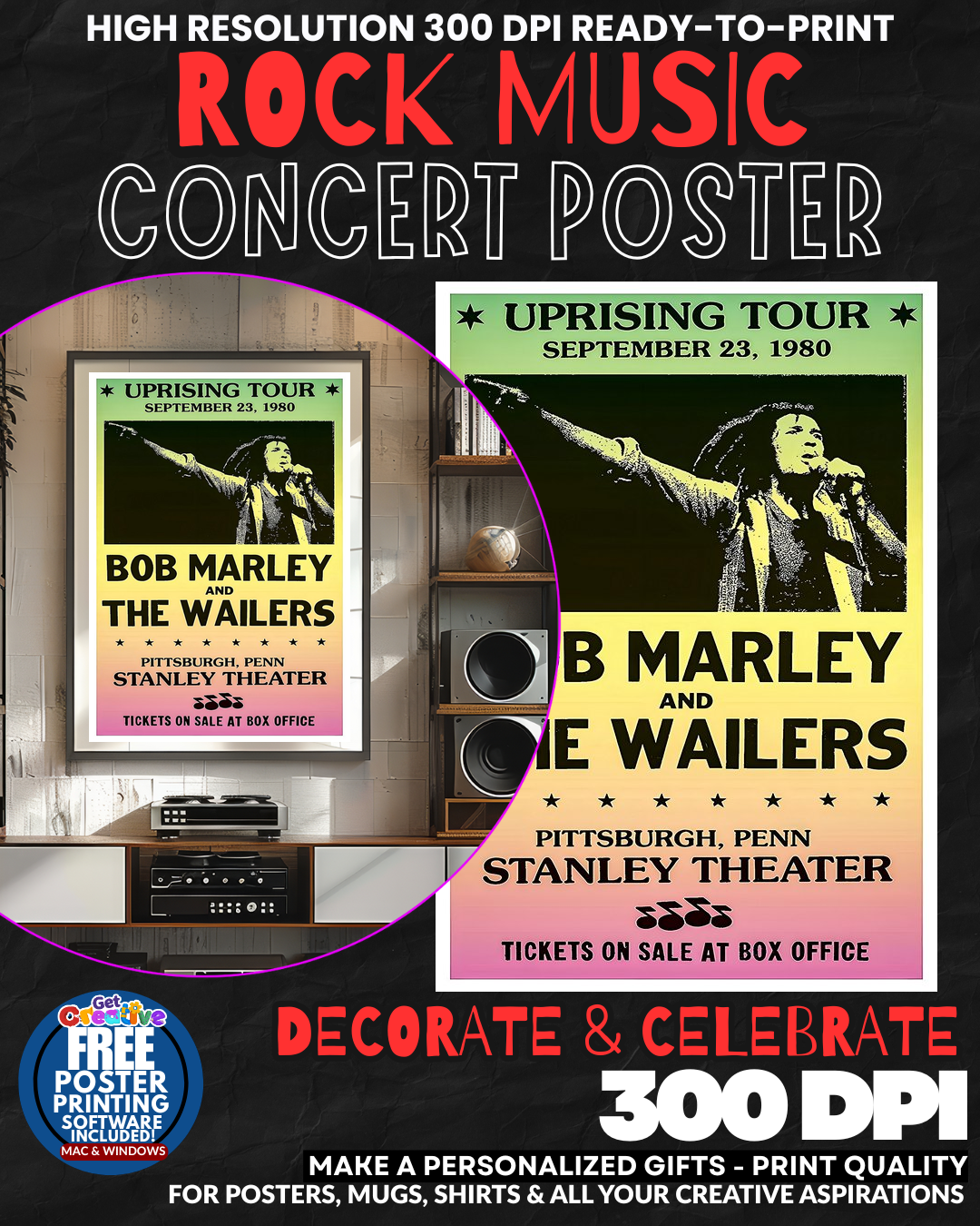 Bob Marley 5 Music Rock Concert Poster Wall Art