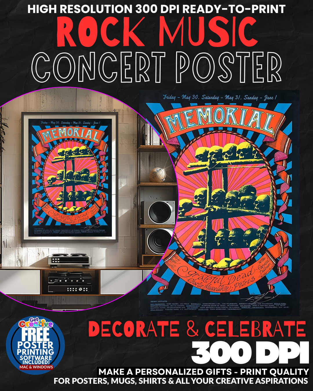 Grateful Dead 3 Music Rock Concert Poster Wall Art