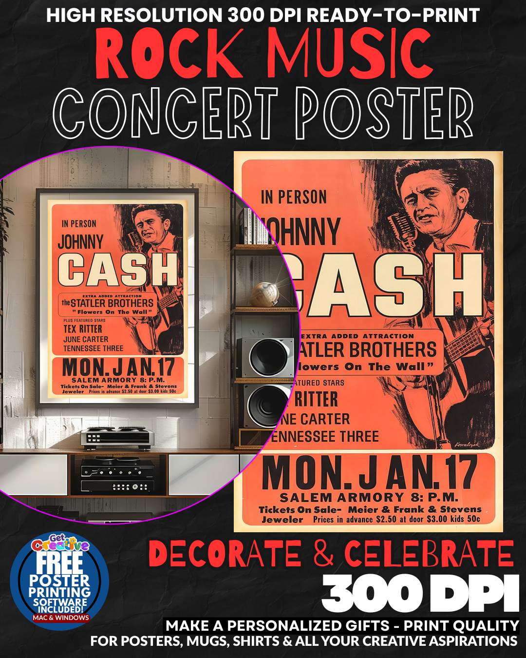 Johnny Cash 1 Music Rock Concert Poster Wall Art