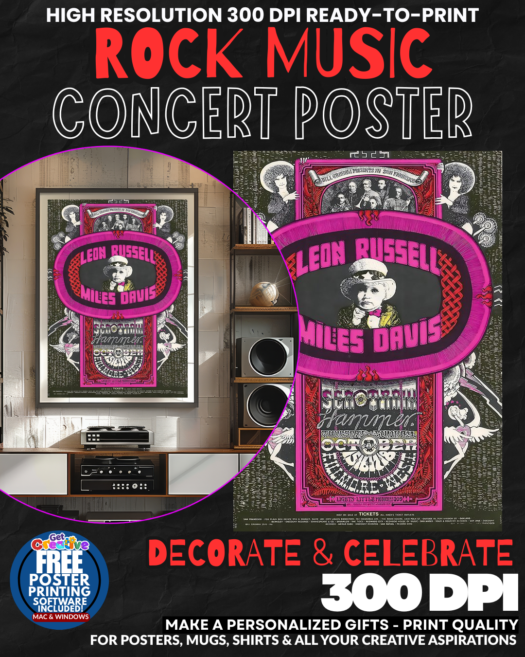 Leon Russell Miles Davis Music Rock Concert Poster Wall Art