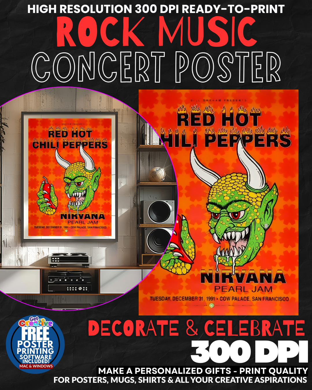 Red Hot Chili Peppers Nirvana Pearl Jam Music Rock Concert Poster Wall Art