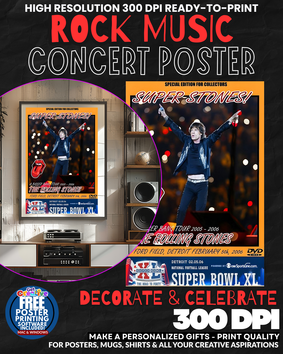 Rolling Stones 5 Music Rock Concert Poster Wall Art