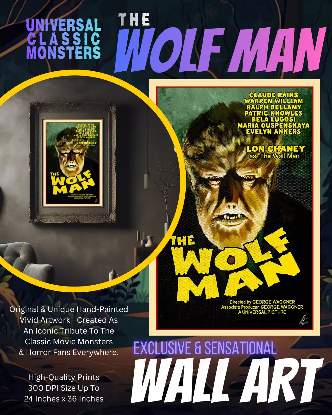 Universal Monsters The Wolfman - Classic Horror Movie Poster Art